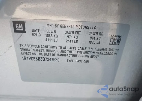 2013 Chevrolet Cruze 1Lt Auto z USA, uszkodzony, nr VIN 1G1PC5SB3D7247620